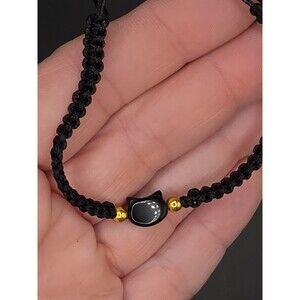 Black Braided Cord Bracelet Hello Kitty Cat Dangle Charm, Gold Beads, Adjustable